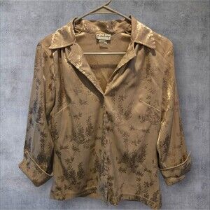 A. AUBREY BURNT GOLD FLORAL BUTTON UP BLOUSE SZ M